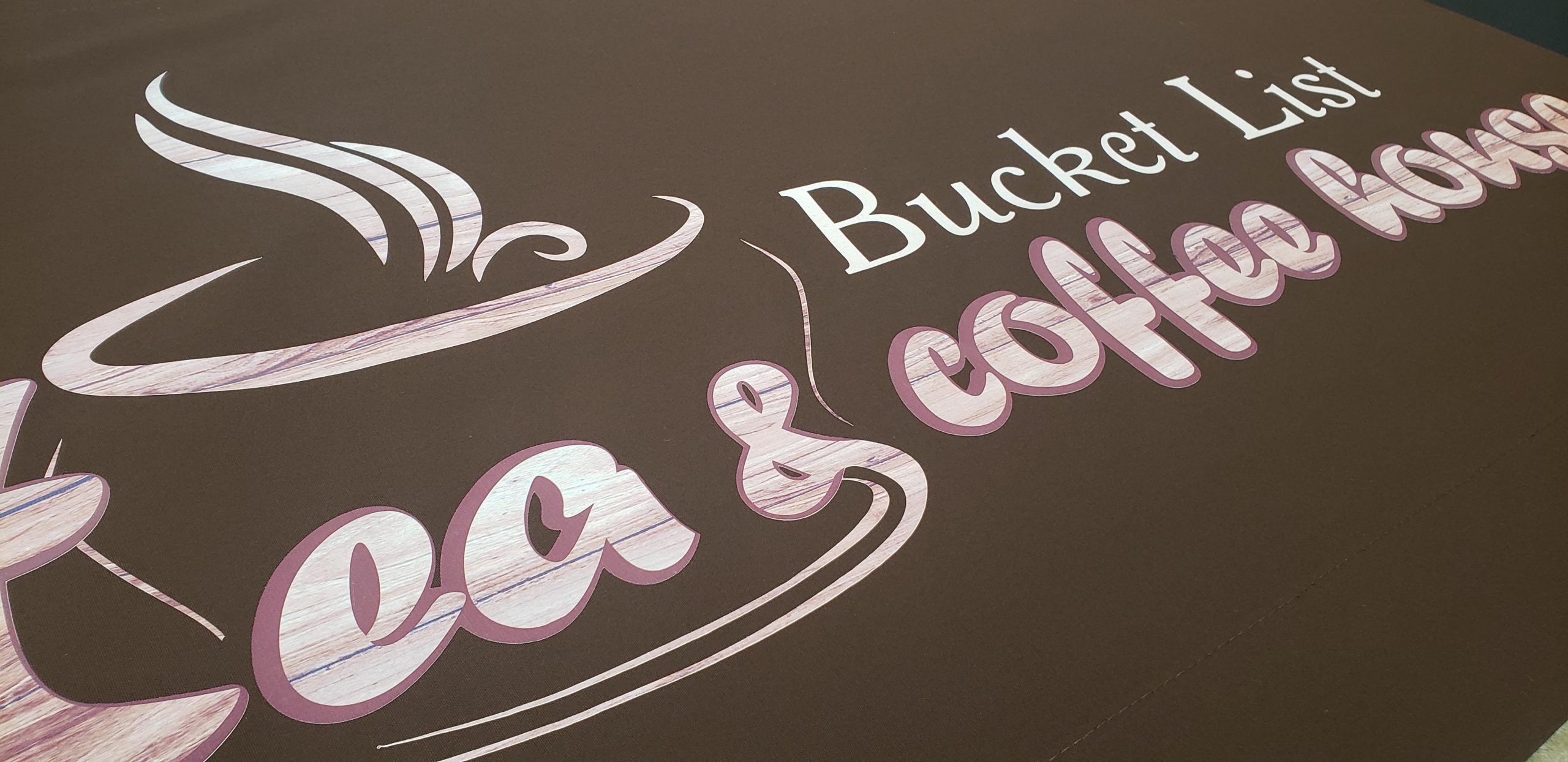 Bucket List Tea & Coffee House - Brown Canvas with Multi-Coloured Heat Pressed Vinyl Logo
