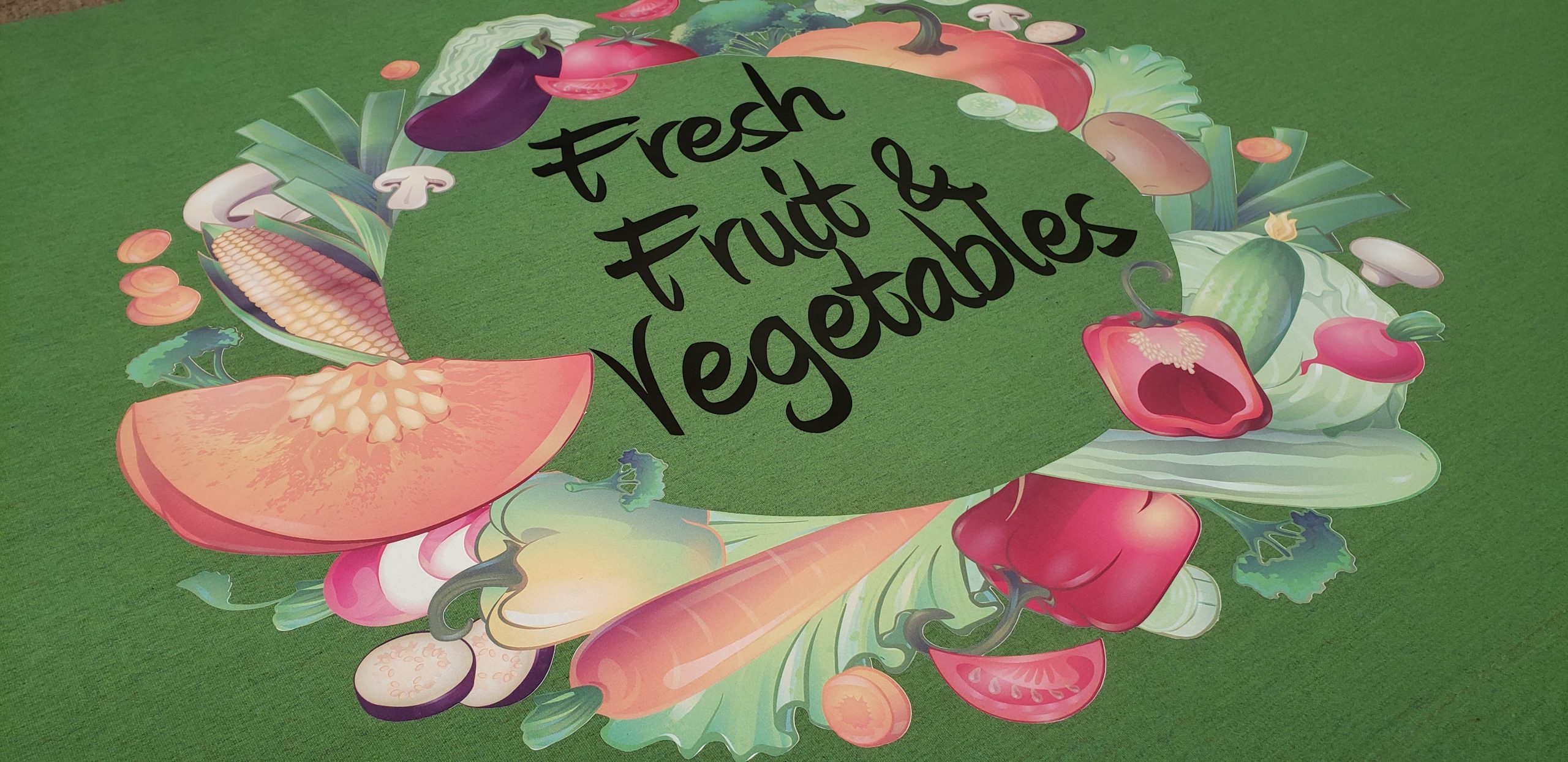 Fresh Fruit & Vegetables - Light Green Canvas with a Multi-Coloured & Black Heat Pressed Vinyl Logo