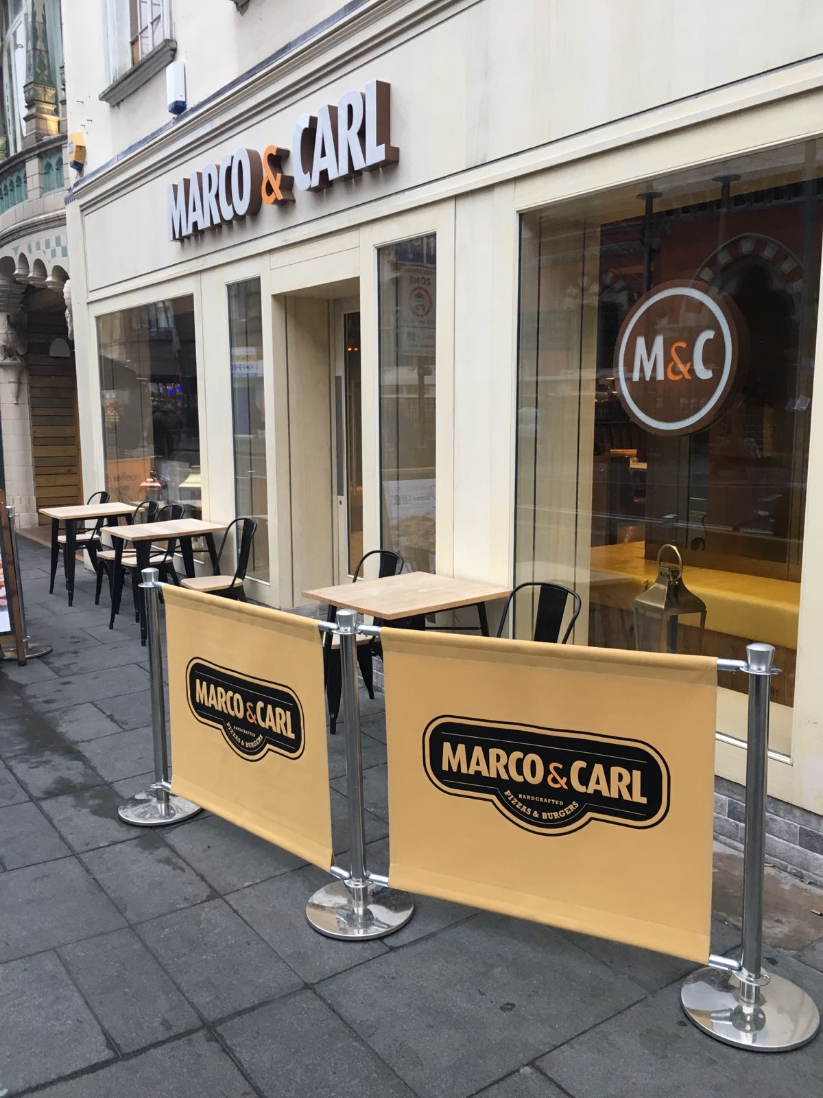 Marco & Carl- Beige Canvas Café Banners with Original Café Posts