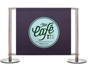 Canvas Café Banners, Printed Banners, Printed Barriers, Cafe Barrier System, Stainless Steel Cafe Barrier Posts, Cross Bars, Branded Cafe Banners, Bespoke Design, Heavy Duty Cafe Barriers, Commercial Cafe Barriers, Banner Printing, Cafe Windbreaks, Fabric Banners, Custom Banners