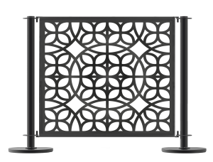 Metal Laser Cut Panel Cafe Barrier Design Between Cafe Barrier Posts. Custom Cafe Barrier Posts and Bespoke Metal Laser Cut Panels, Commercial Cafe Panels, Hospitality Cafe Panels, Commercial Cafe Barriers