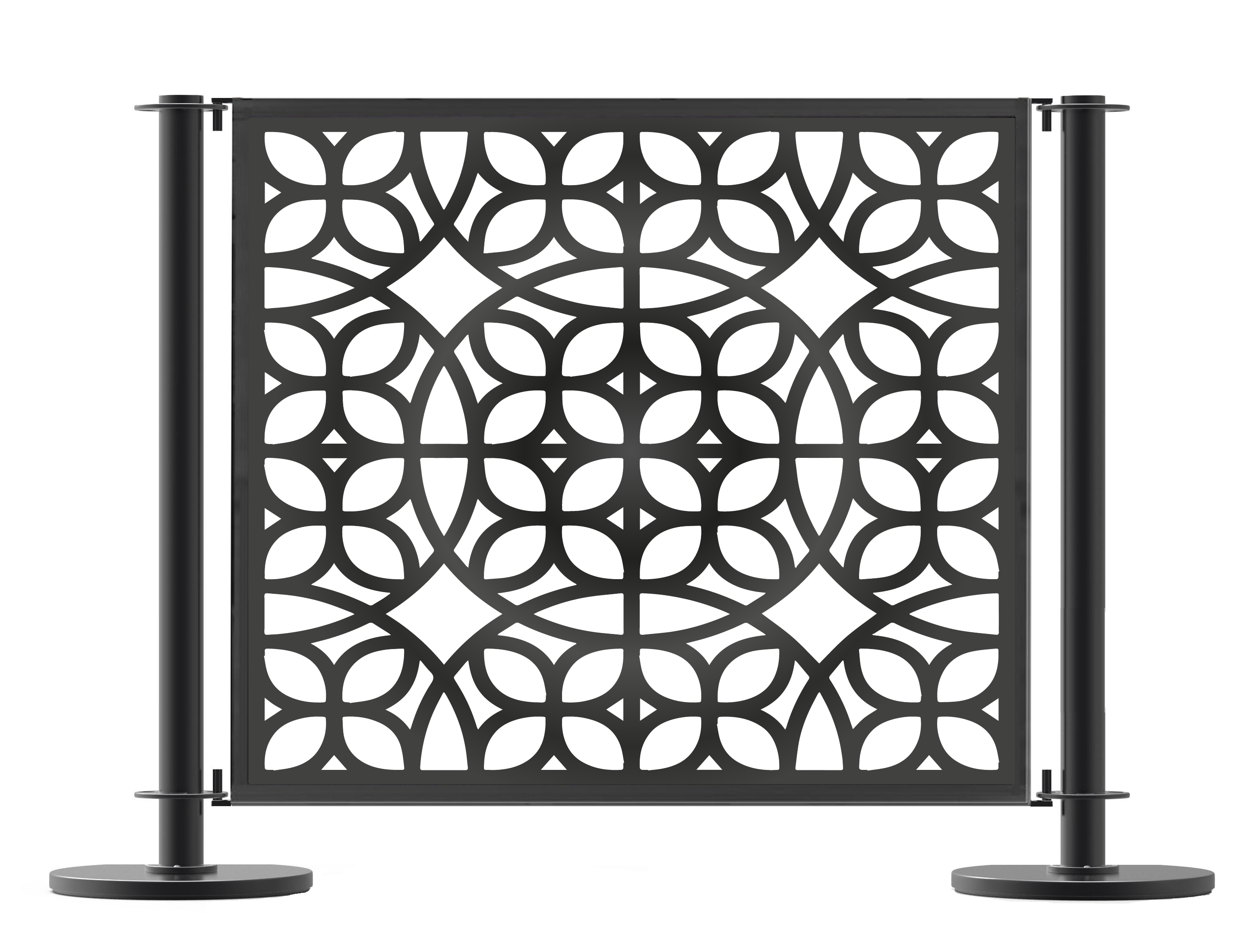 Metal Laser Cut Panel Cafe Barrier Design Between Cafe Barrier Posts. Custom Cafe Barrier Posts and Bespoke Metal Laser Cut Panels, Commercial Cafe Panels, Hospitality Cafe Panels, Commercial Cafe Barriers