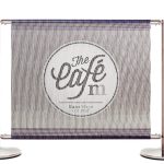 Mesh Café Banners, Printed Banners, Printed Barriers, Cafe Barrier System, Stainless Steel Cafe Barrier Posts, Cross Bars, Branded Cafe Banners, Bespoke Design, Heavy Duty Cafe Barriers, Commercial Cafe Barriers, Banner Printing, Cafe Windbreaks