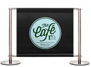PVC Café Banners, Printed Banners, Printed Barriers, Cafe Barrier System, Stainless Steel Cafe Barrier Posts, Cross Bars, Branded Cafe Banners, Bespoke Design, Heavy Duty Cafe Barriers, Commercial Cafe Barriers, Banner Printing, Cafe Windbreaks, Vinyl Banners