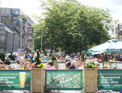 Wooden Valant Planters with Green PVC Banners for Innis & Gunn