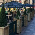Valant Wooden Café Planter with Green Canvas Cafe Banners for Innis & Gunn, Wooden Valant Planter with Planter Insert, Tall Cafe Planters, Restaurant Planters, Bespoke Cafe Planters, Commercial Cafe Planters, Wood Planter, Custom Made Cafe Planters, Outdoor Planters, Printed Canvas Banners