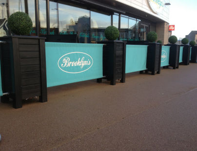 Wooden Valant Planters painted Black with Turquoise Canvas Banners for Brooklyn's