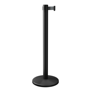 Black QueueMaster Retractable Barrier Post with Black Tape, Retracting Barrier Post, Retractable Stanchion, Metal Retractable Barrier, Commercial Retractable