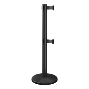 Black QueueMaster Twin Retractable Barrier Post with Black Tape, Retracting Barrier Post, Retractable Stanchion, Metal Retractable Barrier, Commercial Retractable
