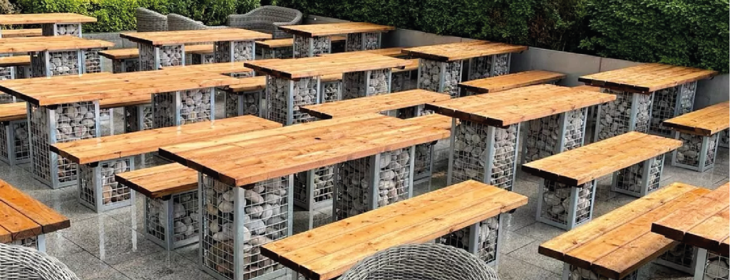 Gabion Tables & Benches - Outdoor Furniture, Commercial Furniture, Tables & Chairs Set, Wooden Furniture, Square Wooden Table, Wooden Armchairs, Indoor & Outdoor Furniture, Restaurant Furniture, Cafe Furniture, Hospitality Furniture