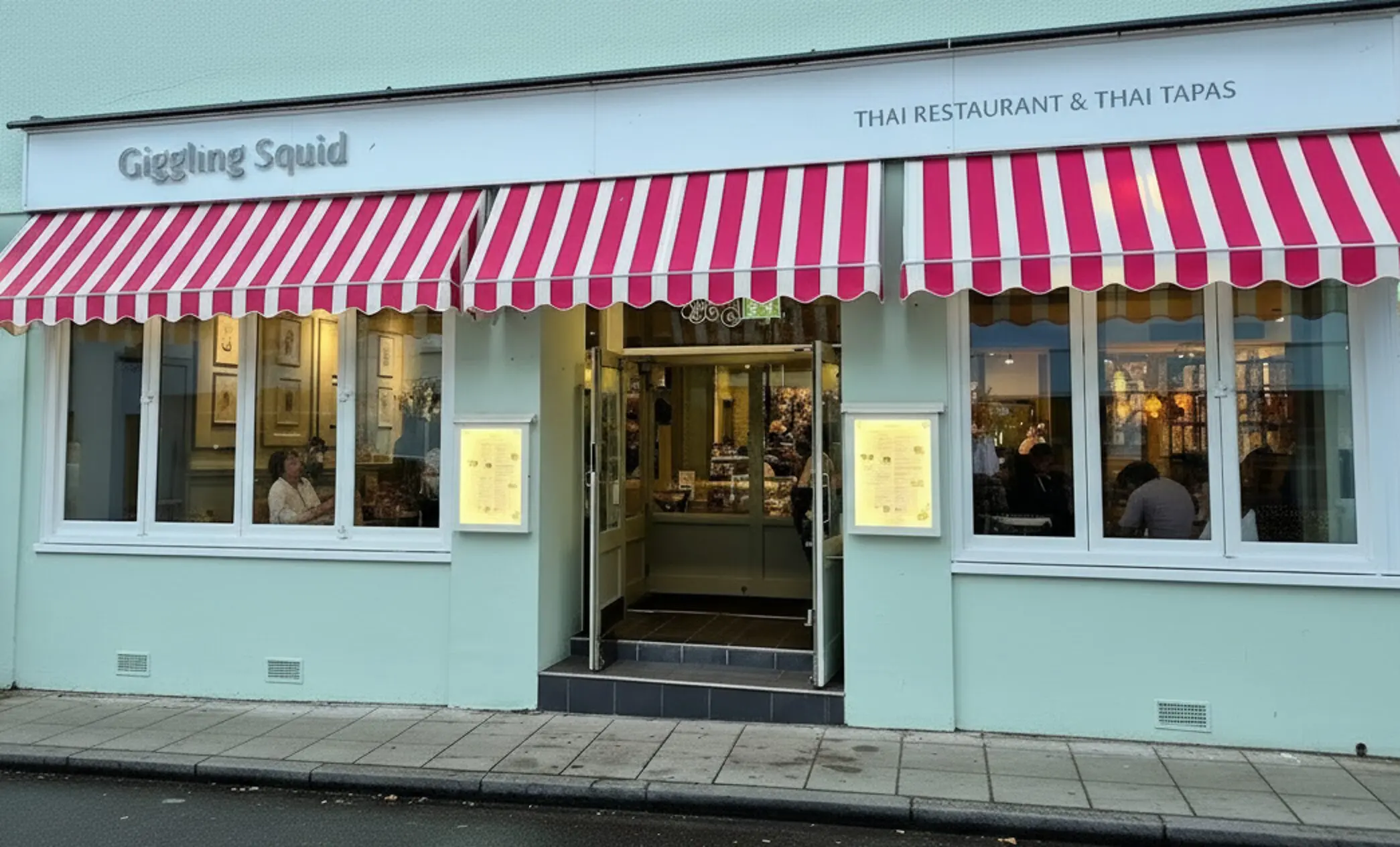 Giggling Squid Awning Commercial Awnings, Restaurant Awnings, Cafe Awnings, Fabric Awnings, Patterned Awnings, Bespoke Awnings, Shop Awnings, Custom-Made Awnings, Giggling Squid, Restaurant Frontage