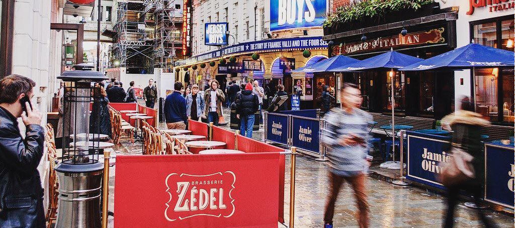 Zedel & Jamie Oliver Canvas Cafe Barriers, printed café banners, bespoke café banners, handmade café banners, custom café banners, café screens, fabric café banners