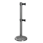 Polished Stainless Steel QueueMaster Twin Retractable Barrier Post with Black Tape, Retracting Barrier Post, Retractable Stanchion, Metal Retractable Barrier, Commercial Retractable