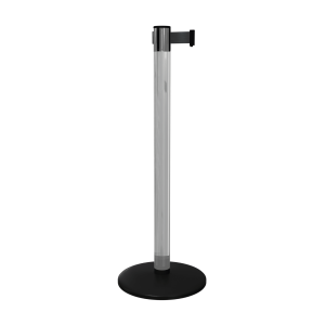 QueuePro 251 Clear Free Standing Retractable Barrier Post with Black Tape, Retracting Barrier Post, Retractable Stanchion, Metal Retractable Barrier, Commercial Retractable