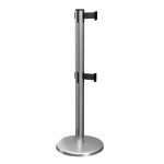 Satin Stainless Steel QueueMaster Twin Retractable Barrier Post with Black Tape, Retracting Barrier Post, Retractable Stanchion, Metal Retractable Barrier, Commercial Retractable
