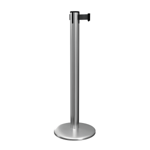 Satin Stainless Steel QueuePro 300 Retractable Barrier Post with Black Tape, Retracting Barrier Post, Retractable Stanchion, Metal Retractable Barrier, Commercial Retractable