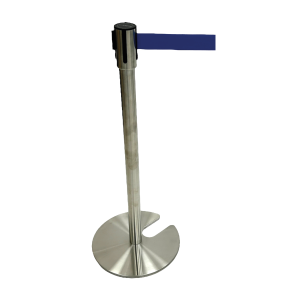 Stackable Retractable Barrier Post with Blue Tape. Bases have a notch out to be able to stack the posts. Stacking Retracting Barrier Post, Retractable Stanchion, Metal Retractable Barrier, Commercial Retractable
