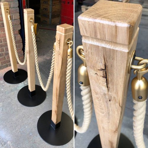 Rustic Wooden Cafe Barrier Posts with Round Base & Polyhemp Rope with Gold Ends