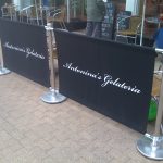 Antonina's Gelateria Cafe Barrier System, printed café banners, bespoke café banners, handmade café banners, custom café banners, café screens, fabric café banners, Original Cafe Barrier Posts, bespoke cafe barrier posts, stainless steel cafe barrier posts, metal stanchions, cafe screens