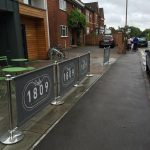 Cafe 1809 Cafe Barrier System, printed café banners, bespoke café banners, handmade café banners, custom café banners, café screens, fabric café banners, original cafe barrier post, bespoke cafe barrier posts, stainless steel cafe barrier posts, metal stanchions