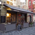Aubaine Cafe Barrier System, printed café banners, bespoke café banners, handmade café banners, custom café banners, café screens, fabric café banners, original cafe barrier posts, bespoke cafe barrier posts, stainless steel cafe barrier posts, metal cafe barrier posts
