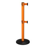 SafetyMaster Twin Retractable Barrier Post in Orange with Orange Tape, Retracting Barrier Post, Retractable Stanchion, Metal Retractable Barrier, Commercial Retractable