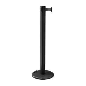 Black RollerPro 300 Retractable Barrier Post with Black Tape and Roller Base, Retracting Barrier Post, Retractable Stanchion, Metal Retractable Barrier, Commercial Retractable