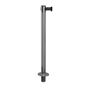 Polished Stainless Steel QueuePro 251 Retractable Barrier Post with Socket Mount Base and Black Tape, Retracting Barrier Post, Retractable Stanchion, Metal Retractable Barrier, Commercial Retractable