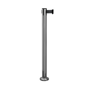 Polished Stainless Steel QueuePro 251 Retractable Barrier Post with Surface Mount Base and Black Tape, Retracting Barrier Post, Retractable Stanchion, Metal Retractable Barrier, Commercial Retractable