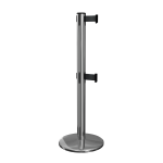 Polished Stainless Steel QueuePro 251 Twin Retractable Barrier Post with Black Tape, Retracting Barrier Post, Retractable Stanchion, Metal Retractable Barrier, Commercial Retractable