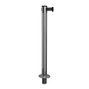 Polished Stainless Steel QueuePro 300 Retractable Barrier Post with Socket Mount Base and Black Tape, Retracting Barrier Post, Retractable Stanchion, Metal Retractable Barrier, Commercial Retractable