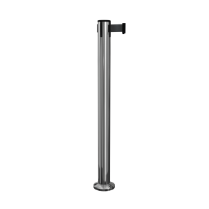 Polished Stainless Steel QueuePro 300 Retractable Barrier Post with Surface Mount Base and Black Tape, Retracting Barrier Post, Retractable Stanchion, Metal Retractable Barrier, Commercial Retractable