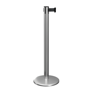 Satin Stainless Steel QueuePro 251 Retractable Barrier Post with Black Tape, Retracting Barrier Post, Retractable Stanchion, Metal Retractable Barrier, Commercial Retractable