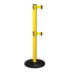 SafetyMaster Twin Retractable Barrier Post in Yellow with Yellow Tape, Retracting Barrier Post, Retractable Stanchion, Metal Retractable Barrier, Commercial Retractable