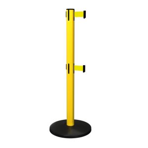 SafetyMaster Twin Retractable Barrier Post in Yellow with Yellow Tape, Retracting Barrier Post, Retractable Stanchion, Metal Retractable Barrier, Commercial Retractable