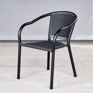 Darwin Stackable Armchair, Black Metal and Wood Effect Outdoor Furniture, Indoor & Outdoor Use, Commercial Furniture, Hospitality Furniture