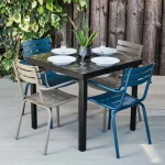 Blue and Cappuccino Metal Indoor & Outdoor Furniture Armchairs with Square Epping Square Table in Black Marble Effect