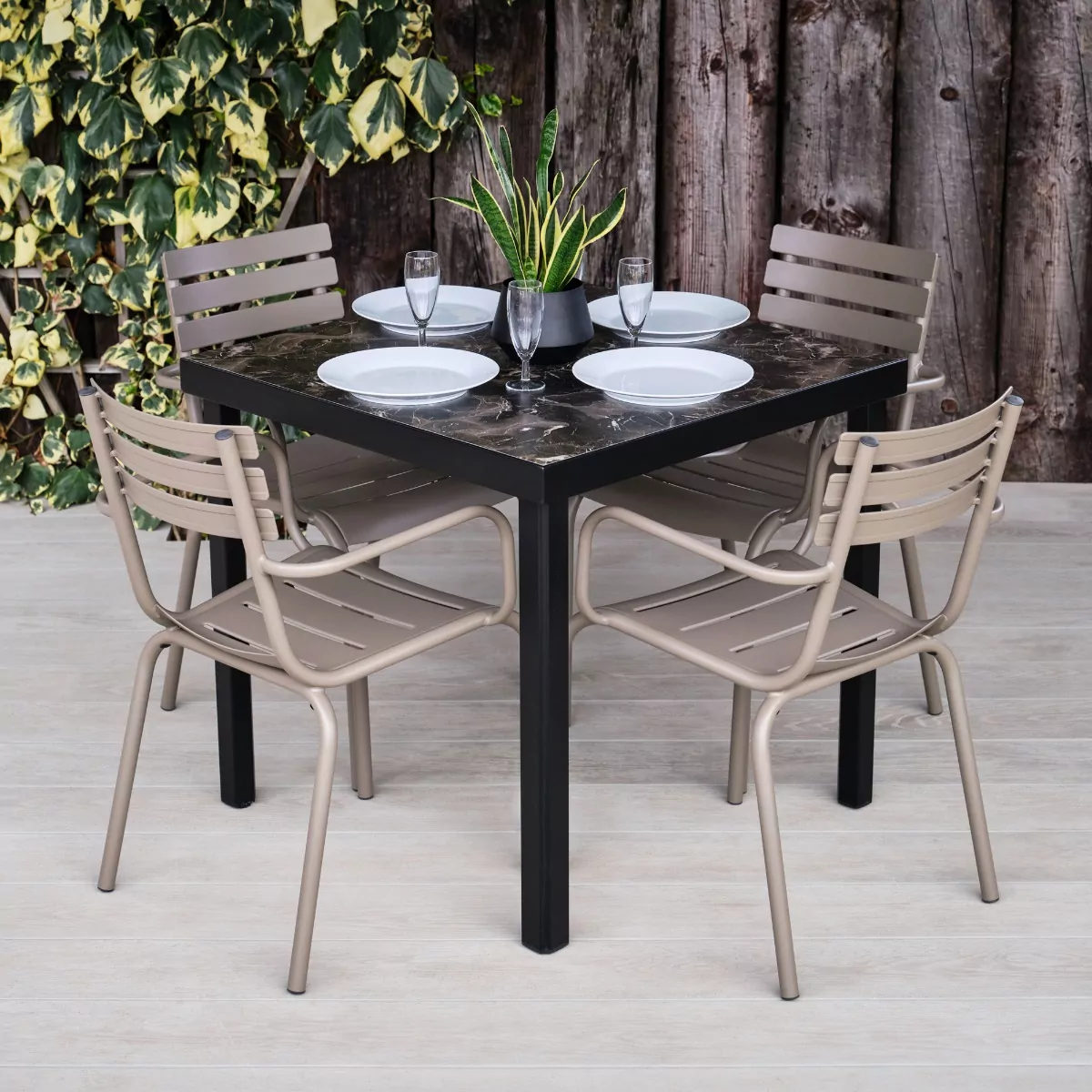 Cappuccino Metal Indoor & Outdoor Furniture Armchairs with Square Epping Square Table in Black Marble Effect