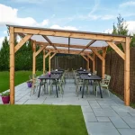 Commercial Clear Roof Pergola - Side View, Wooden Cafe Pergola, Restaurant Pergola, Outdoor Pergola, Pub Pergola, Commercial Furniture, Hospitality Furniture