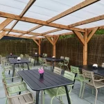 Commercial Clear Roof Pergola - Internal View, Wooden Cafe Pergola, Restaurant Pergola, Outdoor Pergola, Pub Pergola, Commercial Furniture, Hospitality Furniture