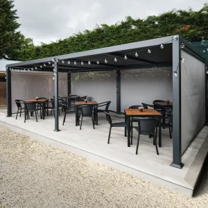Commercial Metal Gazebo with Lights and Furniture, Metal Cafe Pergola, Restaurant Pergola, Outdoor Pergola, Pub Pergola