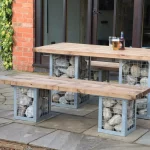 Gabion Bench & Rectangular Table Set with Atlantic Cobble Filling For Use Outdoors Only, Outdoor Furniture, Outdoor Use, Commercial Furniture, Hospitality Furniture