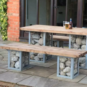 Gabion Bench & Rectangular Table Set with Atlantic Cobble Filling For Use Outdoors Only, Outdoor Furniture, Outdoor Use, Commercial Furniture, Hospitality Furniture