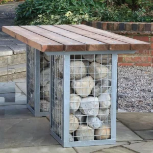 Gabion Rectangular Table, Wood & Metal Table with Atlantic Cobble Filling For Use Outdoors Only, Outdoor Furniture, Outdoor Use, Commercial Furniture, Hospitality Furniture