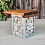 Square Wooden & Metal Gabion Stool - Angle View for Use Outdoors