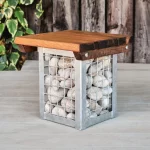Gabion Stool, Wood & Metal Gabion Square Stool with Atlantic Cobble Filling For Use Outdoors Only, Outdoor Furniture, Outdoor Use, Commercial Furniture, Hospitality Furniture