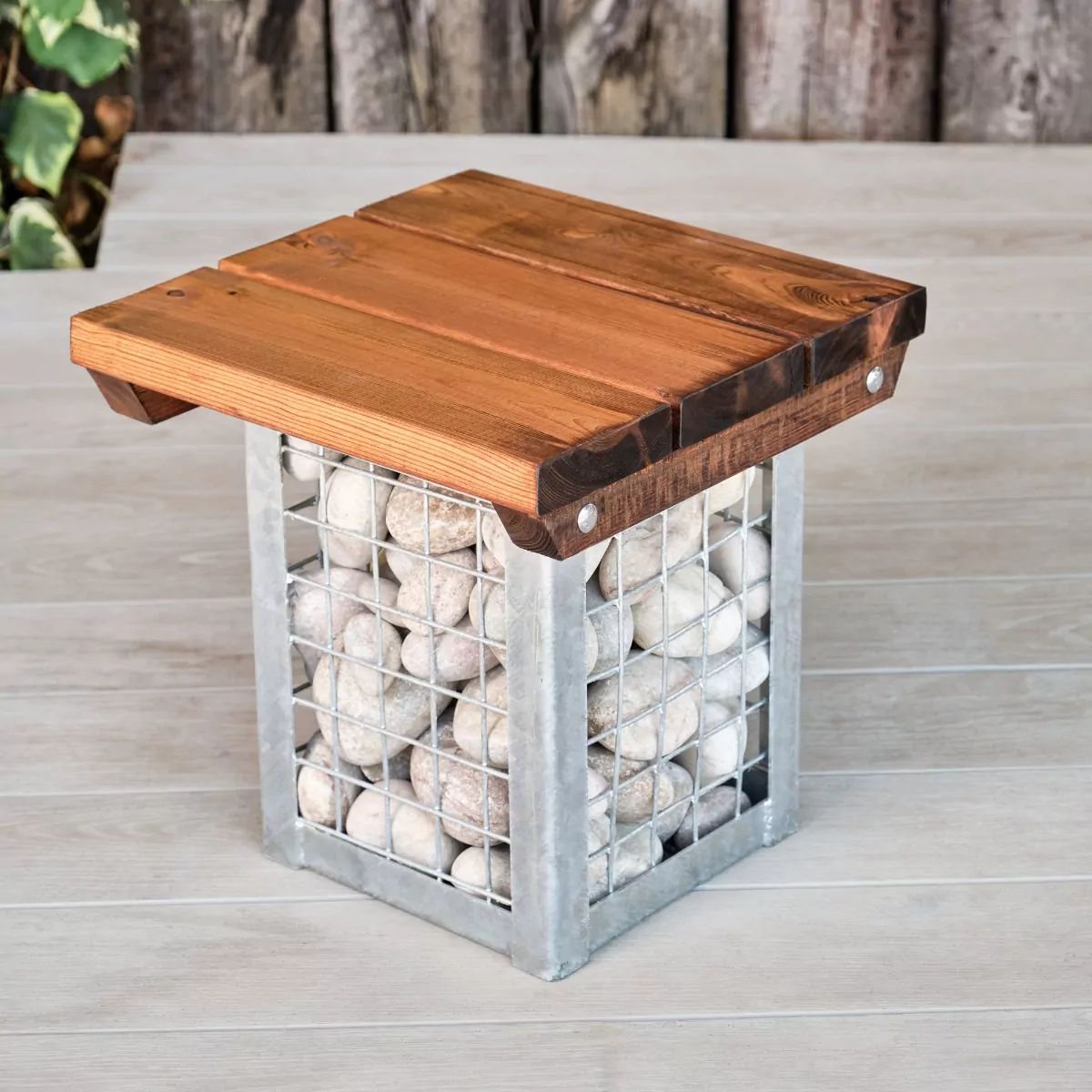 Wood & Metal Gabion Square Stool with Atlantic Cobble Filling For Use Outdoors Only