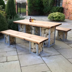 Gabion Rectangular Table & Benches with Cotswold Stone. Made From Metal & Wood For Use Outdoors Only