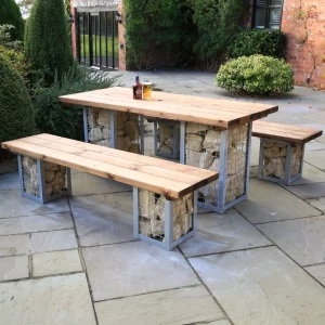 Rectangular Gabion Set, Table & Benches with Cotswold Stone. Made From Metal & Wood For Use Outdoors Only, Outdoor Furniture, Outdoor Use, Commercial Furniture, Hospitality Furniture