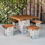 Wood & Metal Gabion Square Stools & Square Table with Atlantic Cobble Filling For Use Outdoors Only
